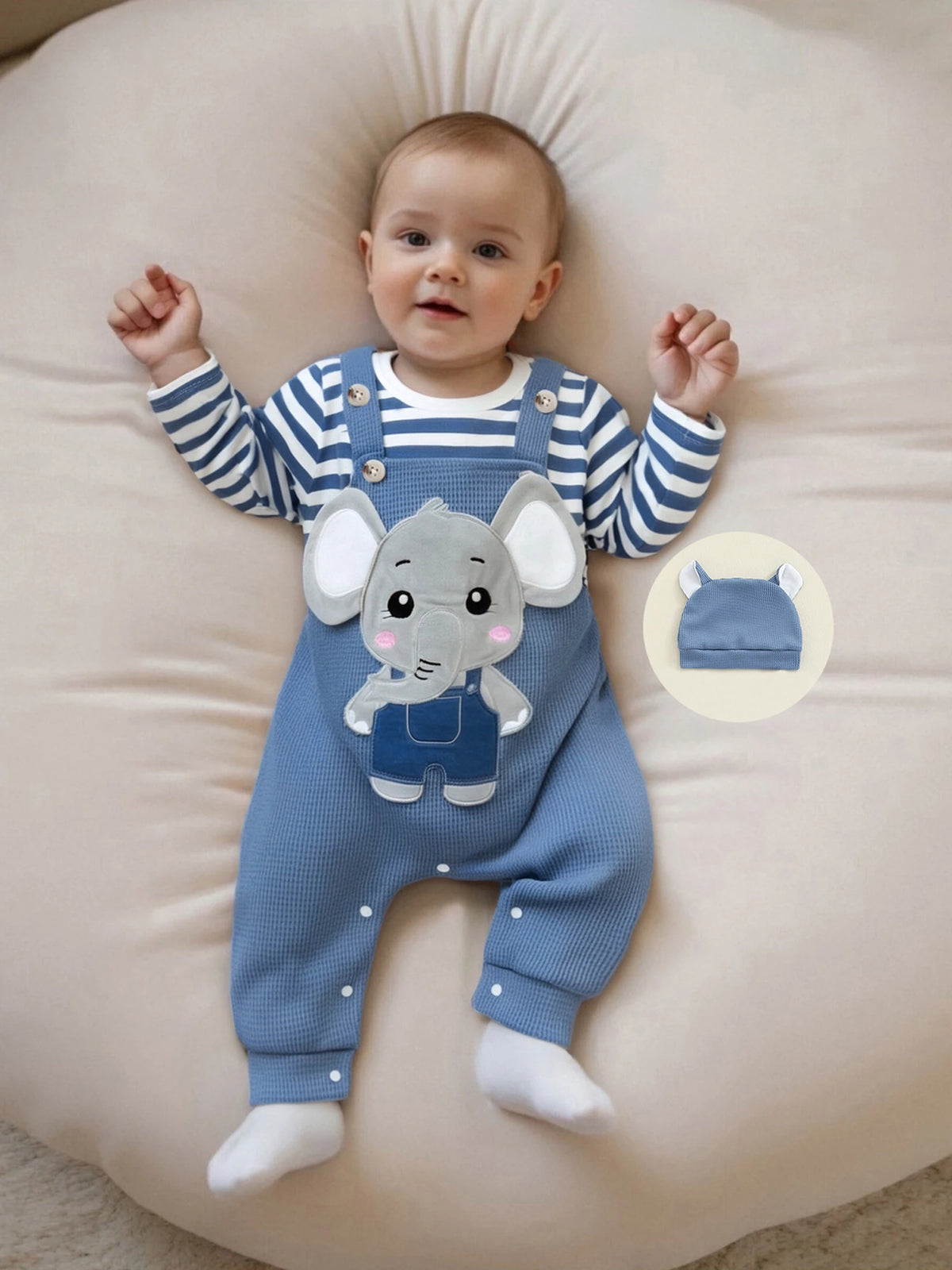 Cute Infant Newborn Baby Boys 3Pcs Outfit Cute Baby Clothes Long Sleeve Striped Romper Animal Embroidery Overalls Hat Clothes