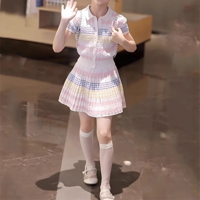 2026 new summer child set teenager Girls Cloth striped tracksuit T shirt top + bottom pleated Skirt suit 4 8 9 10 12 Year tennis