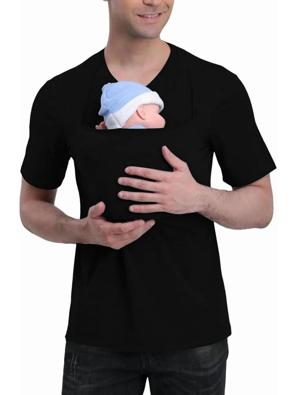 Parent-Child Interaction Kangaroo Shirt for Men, Short-Sleeved, with Baby Carrier Pocket, Dad Style Casual T-Shirt