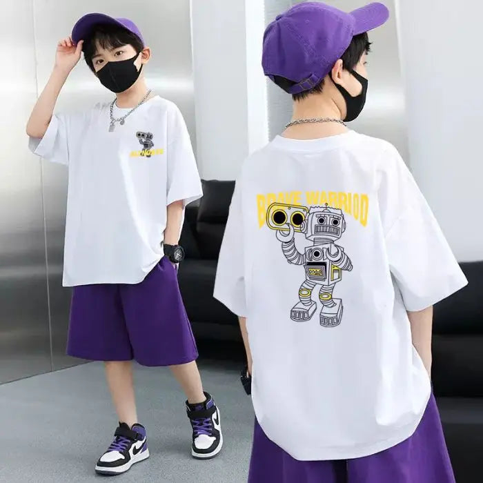 2026 summer Teens Boys Clothes set Outfit Kid robot fashion Tracksuit Child t-shirt top + solid shorts pant 4 7 8 10 12 14 Year