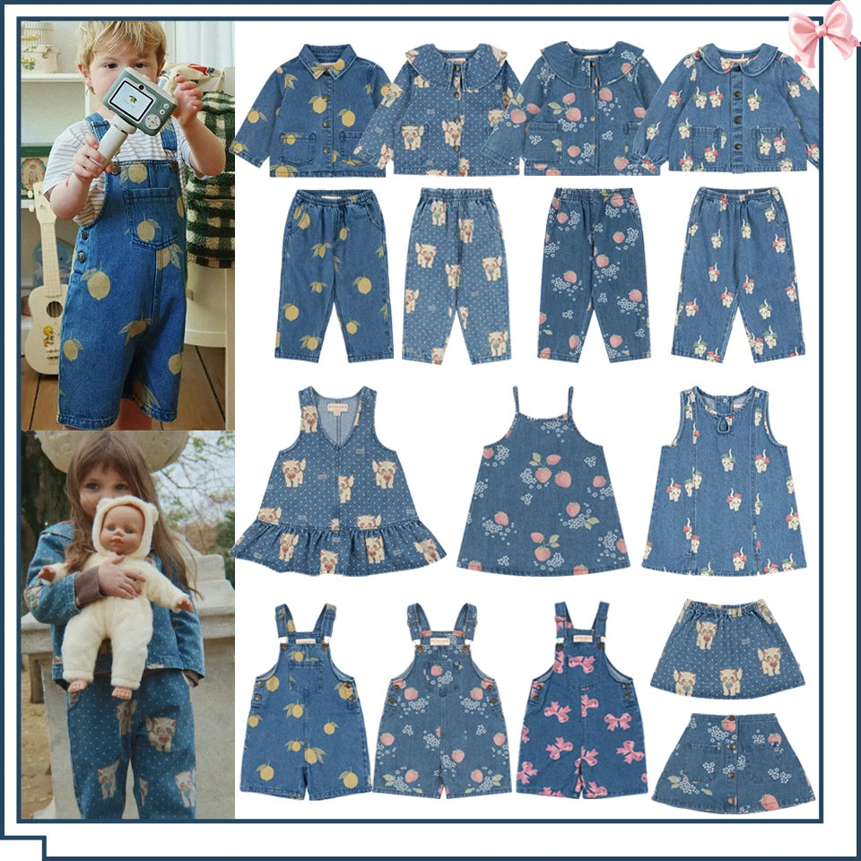 26 KS Toddler Girls Denim Overalls Boys Lemon Jacket Jeans Girl Cat Vest Dress Children Clothes Set Kids Fashion Outerwear Pants