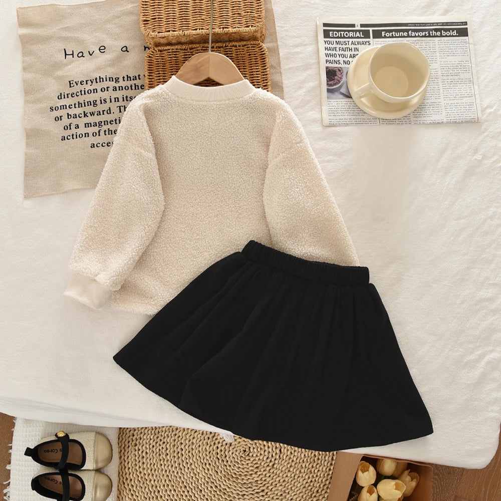 3-7 Year Old Girl Fashion Autumn and Winter New Suit Korean Version Round Neck Long Sleeved Bow Top+pleated Skirt Two-piece Set