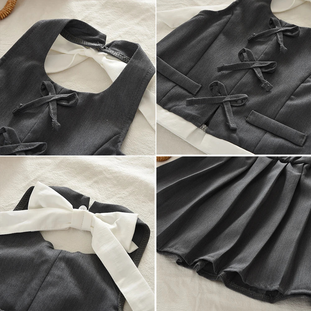 3-7 Year Old Fashionable Street Style Hanging Neck Gray Girls' Clothing Summer New Bow Sleeveless Backless Top + Pleated Skirt