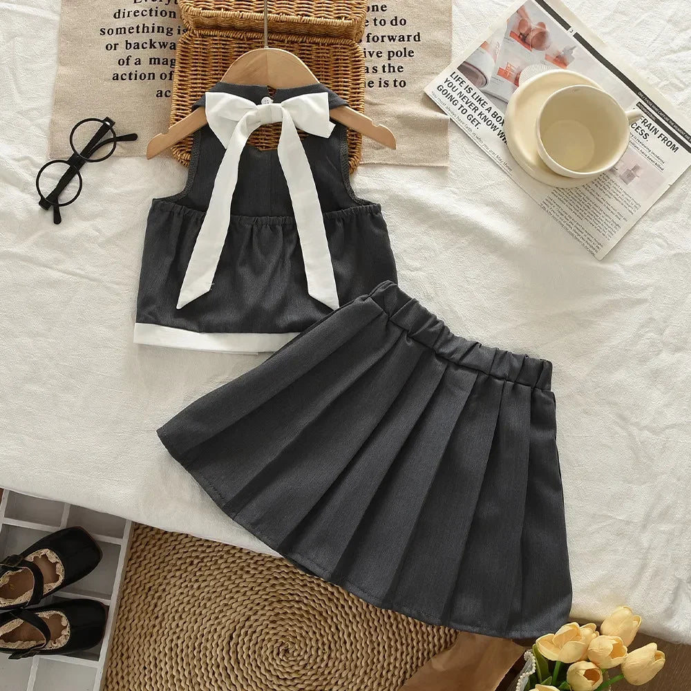 3-7 Year Old Fashionable Street Style Hanging Neck Gray Girls' Clothing Summer New Bow Sleeveless Backless Top + Pleated Skirt