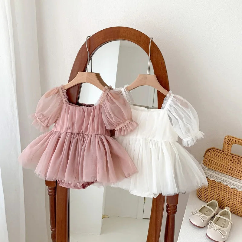 2026 Summer Baby Clothes 100 Day Baptism Birthday Party Sleeveless Jumpsuit Mesh Bow Romper Girl Princess Dress