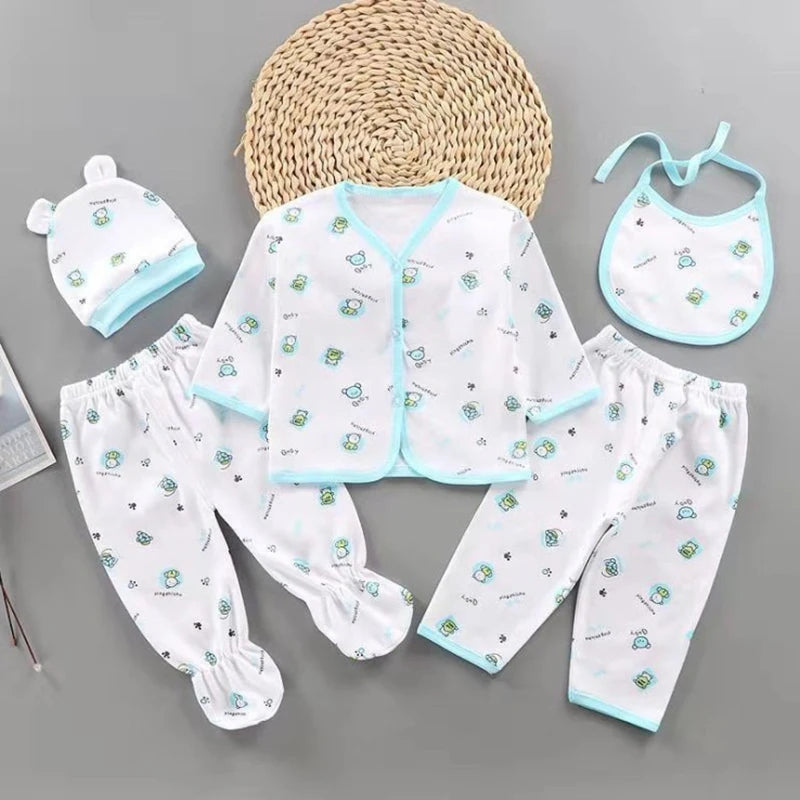 5Pcs/Set Newborn Baby Girl Clothes Set Cotton Soft Underwear Infant Boy Outfit Children Girl Top+2Pant+Bib+Hat Toddler A1156