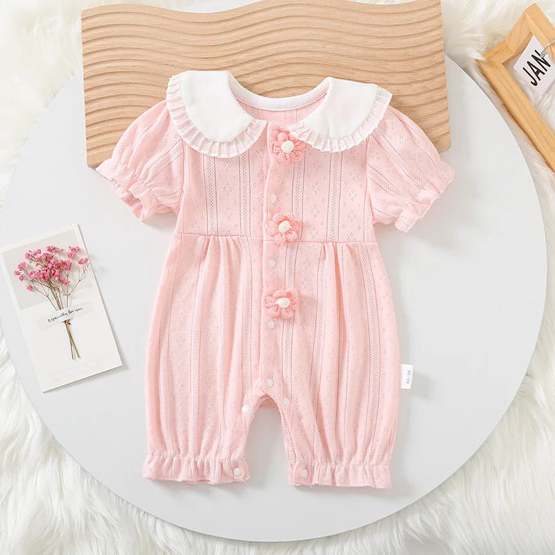2025 Summer Newborn Baby Girl  Pink Thin Short-Sleeve Romper Princess Style Cute Pure Cotton Baby Girl Clothes