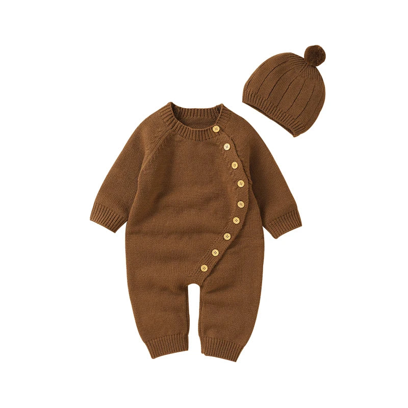Baby Rompers Clothes Spring Autumn Solid Full Sleeve Knitted Newborn Infant Boys Girls Jumpsuits Hats Outfits Sets 0-18m Costume