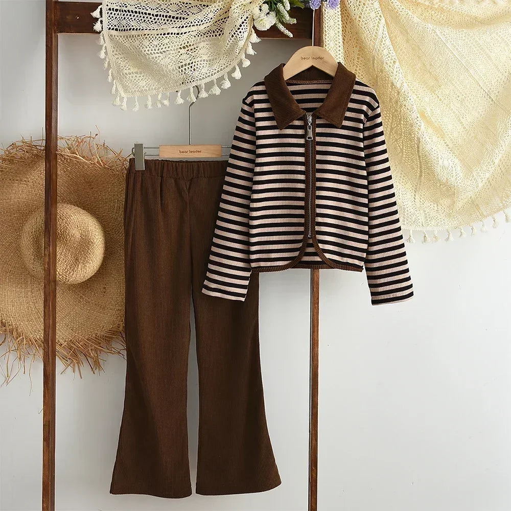 3-12 Year Old Children's Two-piece Set Autumn Long Sleeved Girls' Clothing Striped Printed Lapel Cardigan Top+Micro Flared Pants