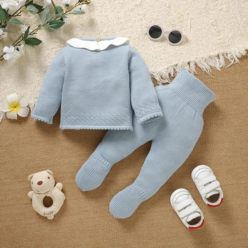 Baby Clothes Sets Winter Warm Knitted Newborn Boys Girls Long Sleeve Sweater Shorts+Pants Outfits 2pcs Infant Autumn Suits 0-18m