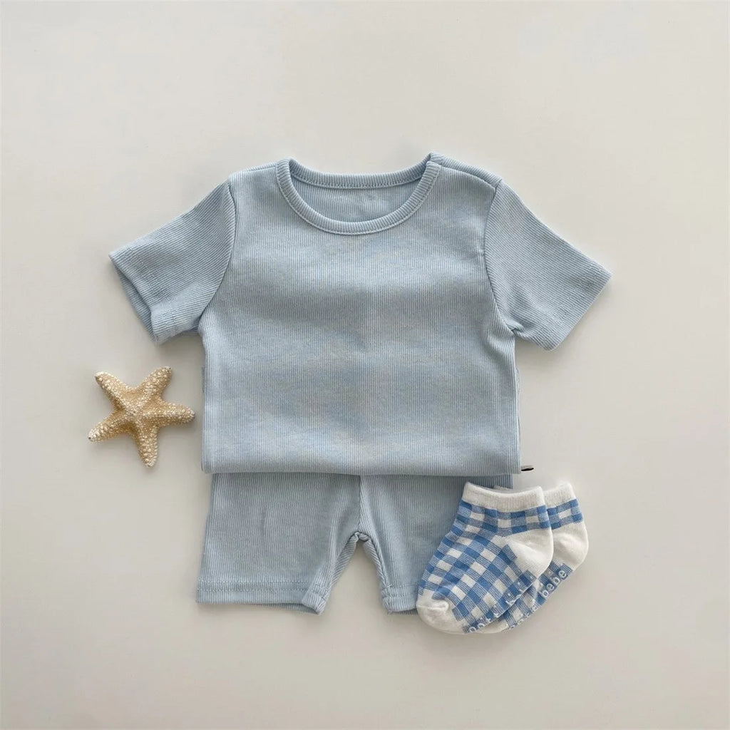 Baby Cotton Ribbed Clothes Set Short Sleeve Tops + Shorts 2pcs Suit Candy Color Baby Girl T Shirts Solid Boys Shorts Outfits