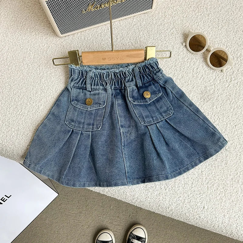 2-8 year old girl's denim set with retro lapel long sleeved denim jacket+pleated skirt cover girl's fashionable and trendy set