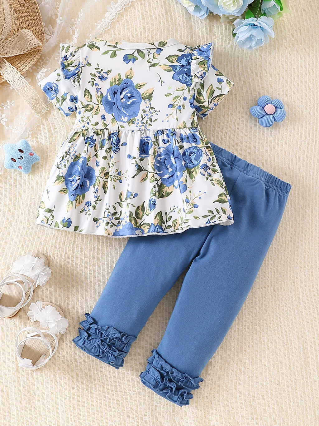 Top Rated Trending Baby Girl (0-4Y) Floral Print Ruffle Top & Lace Trim Pants 2pc Set: Soft Breathable Cotton, Skin-Friendly