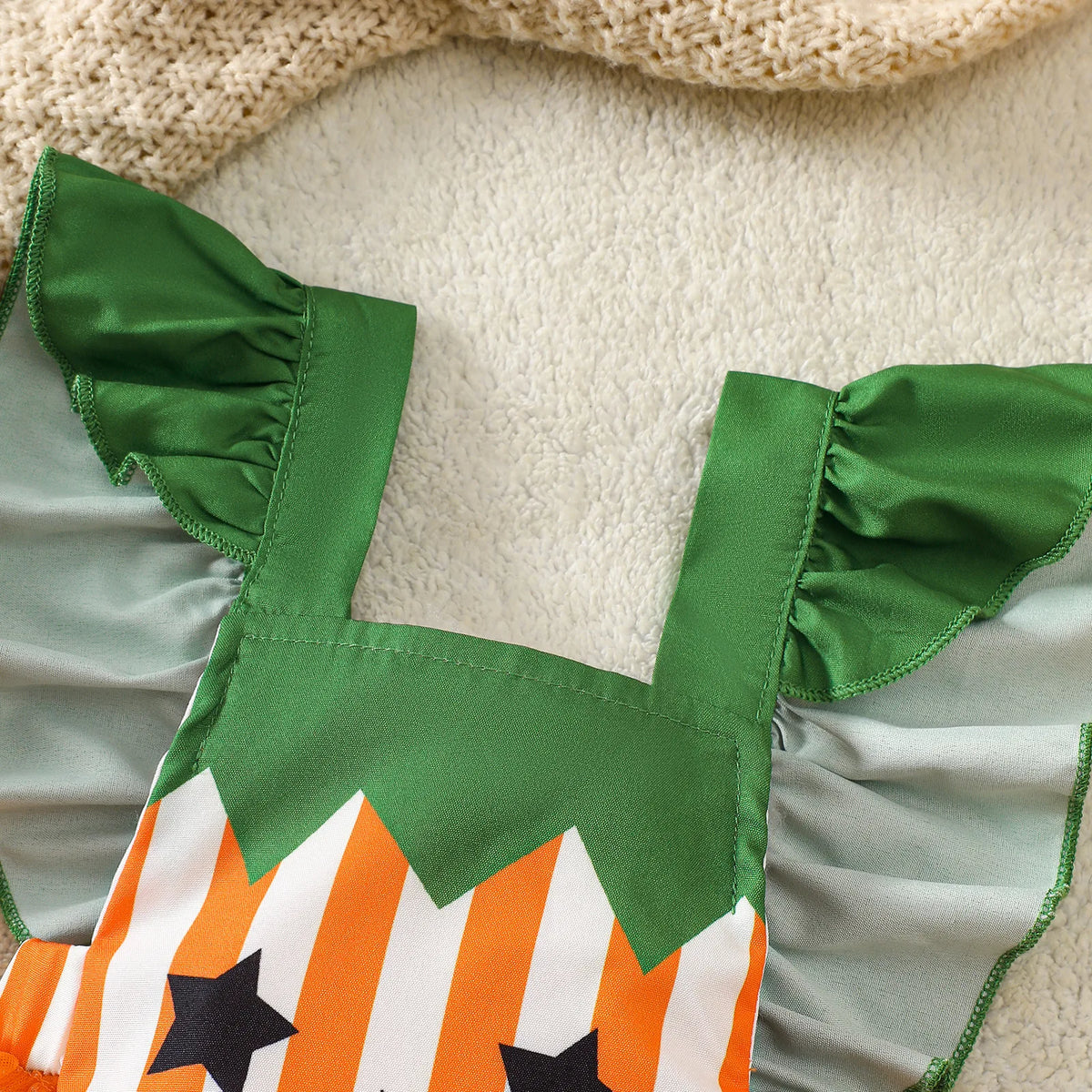 Halloween Infant Baby Girl Striped Romper Fly Sleeve Mesh Bodysuit Toddler Cotton Overall Mesh Pumpkin Face Cute Fall Clothes