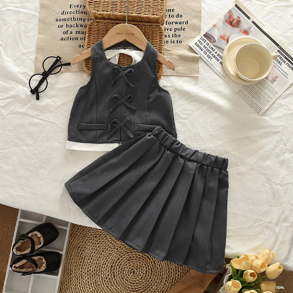 3-7 Year Old Fashionable Street Style Hanging Neck Gray Girls' Clothing Summer New Bow Sleeveless Backless Top + Pleated Skirt