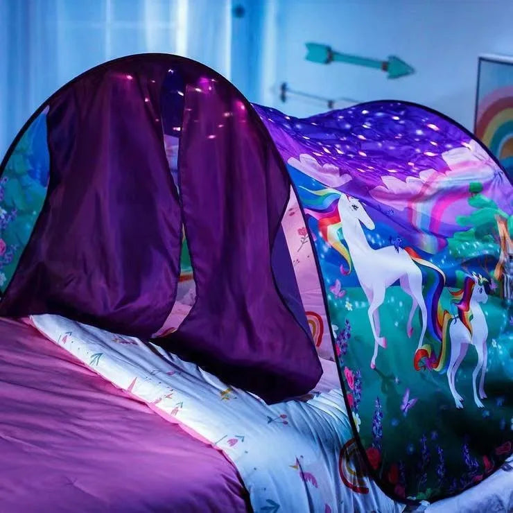 Kids Dream Tents with Light Baby Pop Up Bed Tent Cartoon Snowy Foldable Playhouse Comforting At Night Sleeping Outdoor Camp