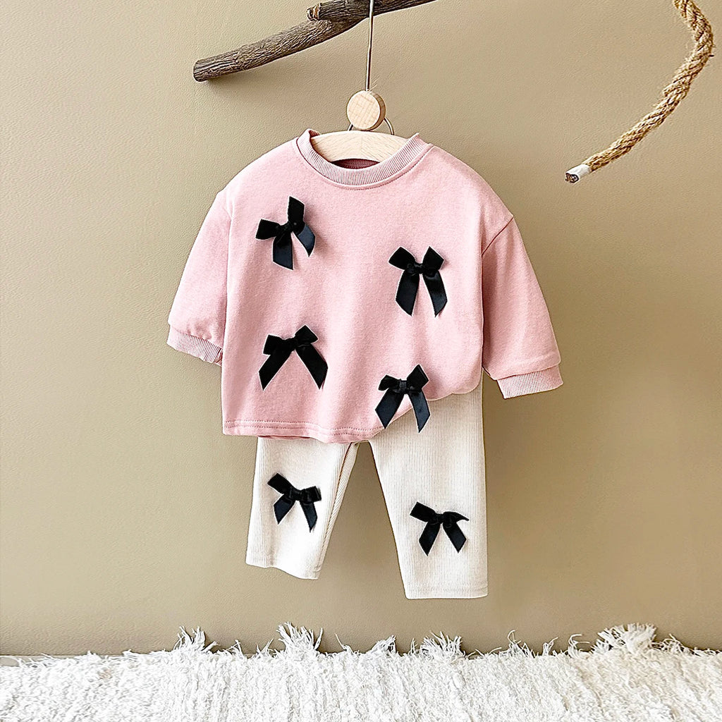 Ins Toddler Baby Suit Infant Outfit Baby Girls Spring Autumn Long Sleeved Bow Top Pullover+Pants Newborn Baby Clothes Sets 0-3Y