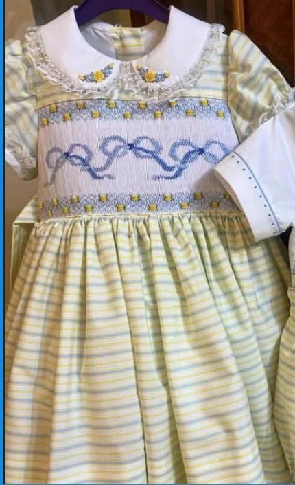0-12Y Baby Girl Summer Blue Bow Smocked Turkish Vintage Princess Dress Boy Suit for Birthday Holiday Easter Photography Eid A122