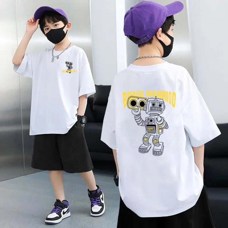 2026 summer Teens Boys Clothes set Outfit Kid robot fashion Tracksuit Child t-shirt top + solid shorts pant 4 7 8 10 12 14 Year