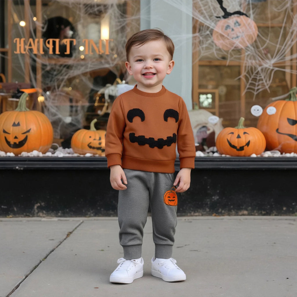 Halloween Children's Clothing 2026 Autumn Children's Clothes Boys Pumpkin Embroidery Long-sleeved Sweater Trousers Two-piece Set