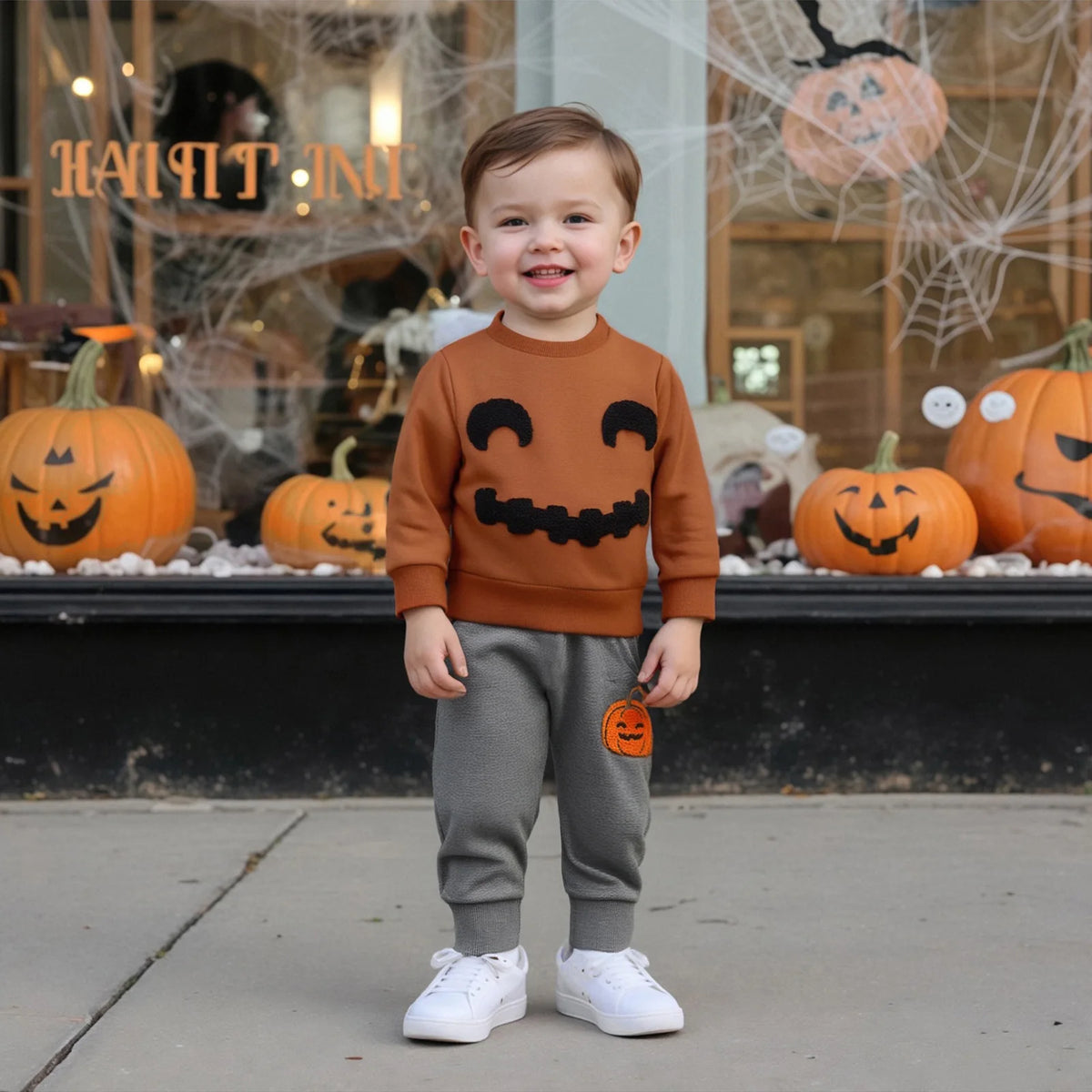 Halloween Children's Clothing 2026 Autumn Children's Clothes Boys Pumpkin Embroidery Long-sleeved Sweater Trousers Two-piece Set