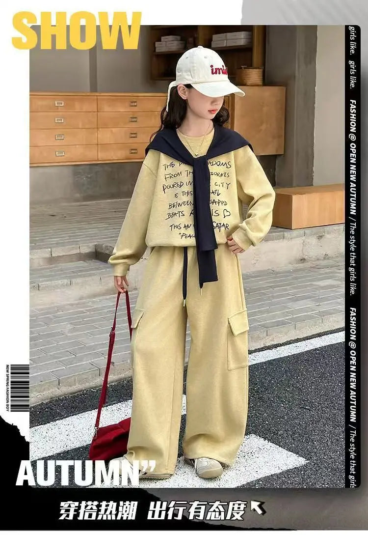 2026 autumn spring teenager kids girl Children set Clothes loose sweatshirt Hooded t shirt+ pocket wide leg pant 4 10 12 14 Year