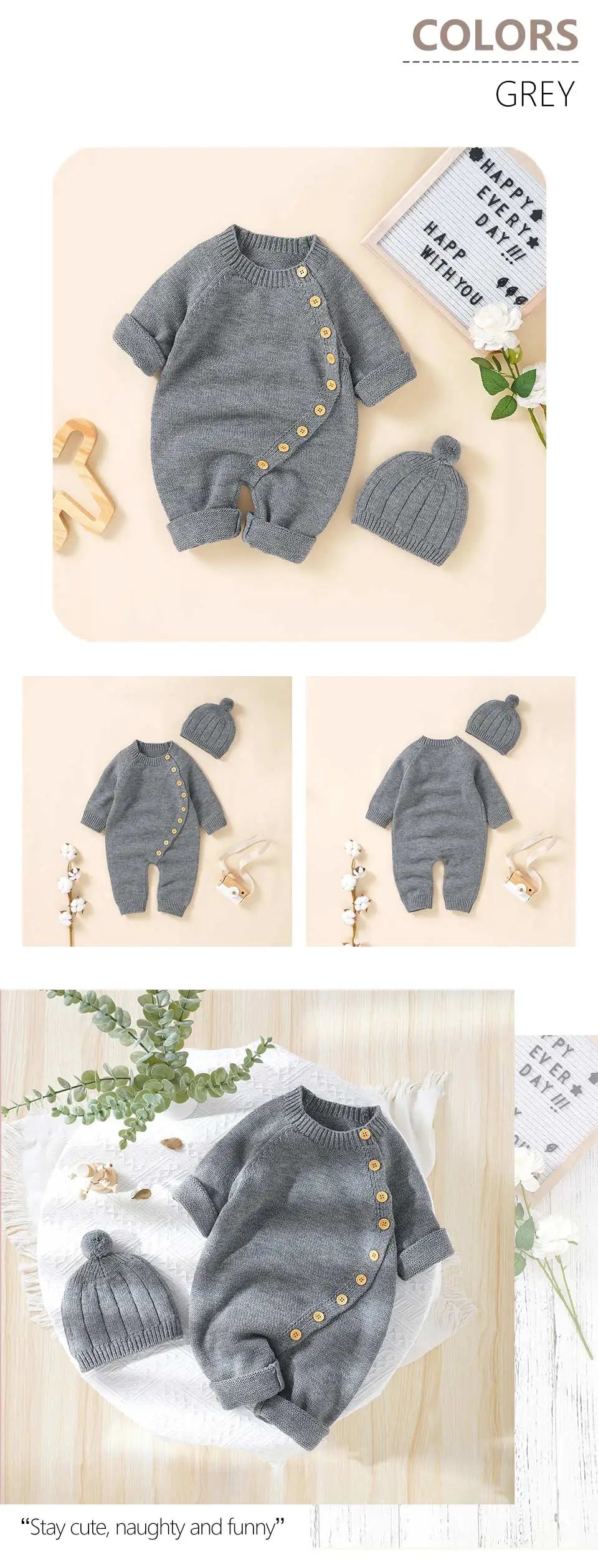 Baby Rompers Clothes Spring Autumn Solid Full Sleeve Knitted Newborn Infant Boys Girls Jumpsuits Hats Outfits Sets 0-18m Costume