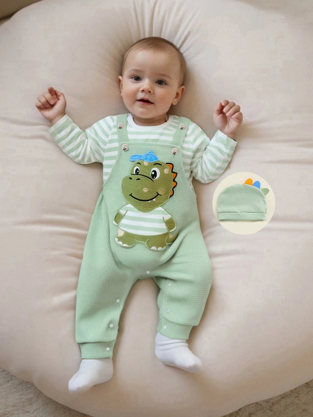 Cute Infant Newborn Baby Boys 3Pcs Outfit Cute Baby Clothes Long Sleeve Striped Romper Animal Embroidery Overalls Hat Clothes