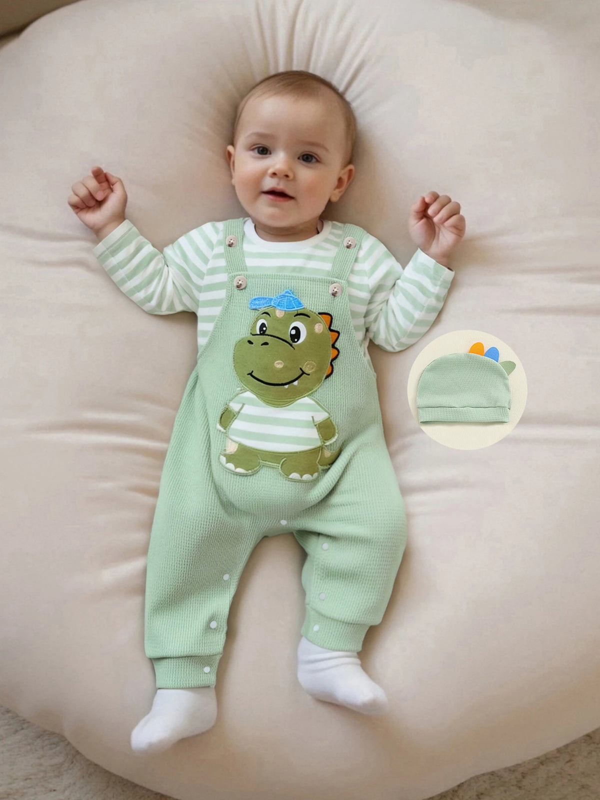 Cute Infant Newborn Baby Boys 3Pcs Outfit Cute Baby Clothes Long Sleeve Striped Romper Animal Embroidery Overalls Hat Clothes