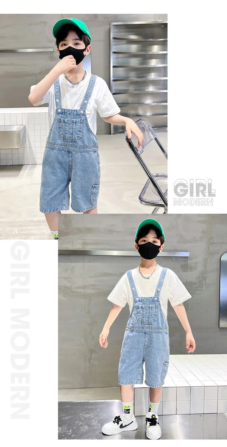 Children's Overalls Pants Boys New Summer Short Jumpsuit New Baby Trousers Bib Jeans Kids Denim Shortalls Age 4 To 14 Years Old