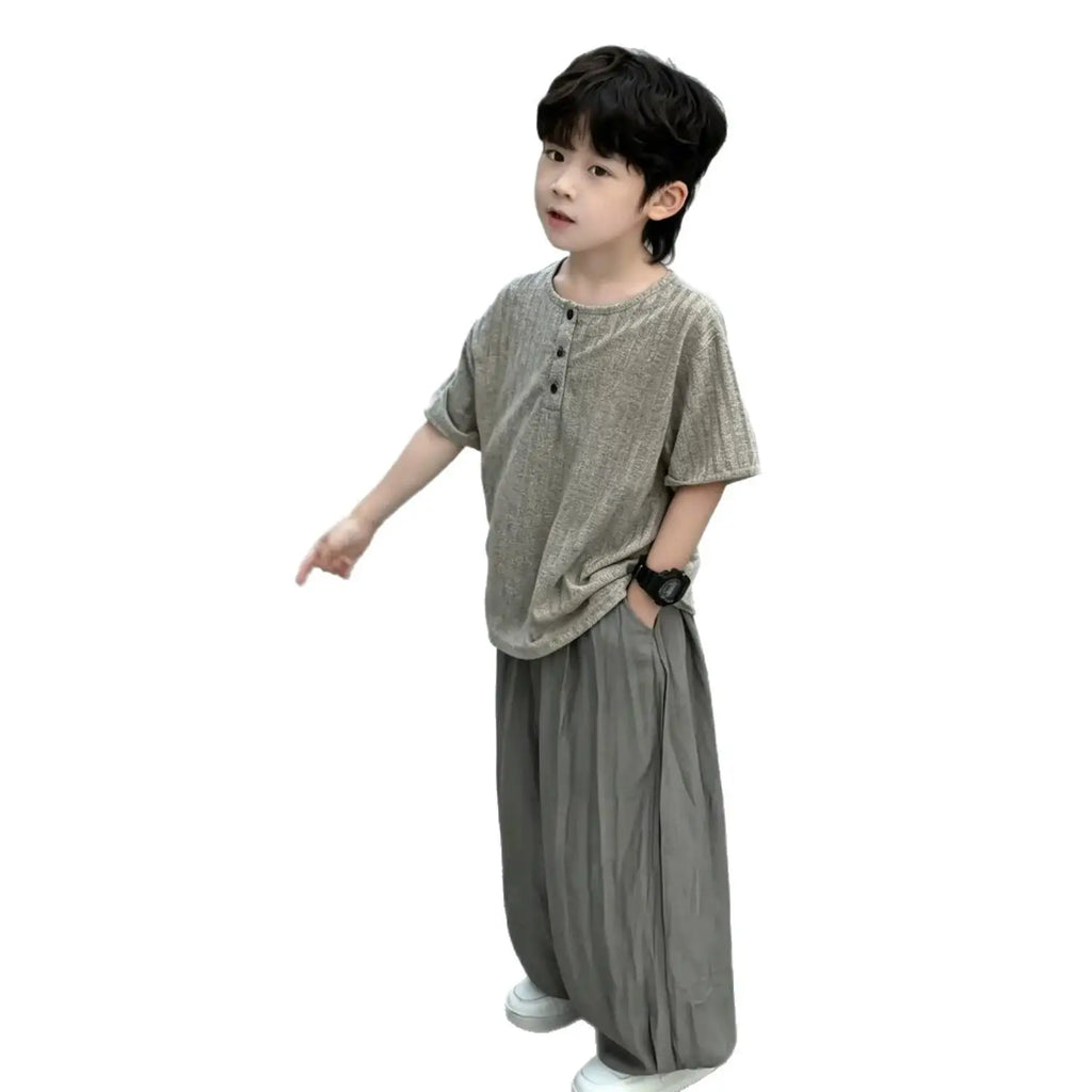 2026 summer Kids Children set boy Clothes loose short top T-Shirt thin + wide leg Pant trousers Teenager outfit 4 8 10 12 year