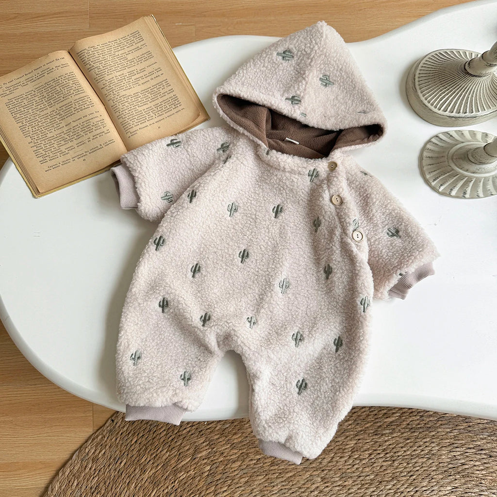 Newborn Baby Clothes Soft Plush Winter Baby Boys Girls Jumpsuit Cactus Embroidery Hooded Warm Rompers