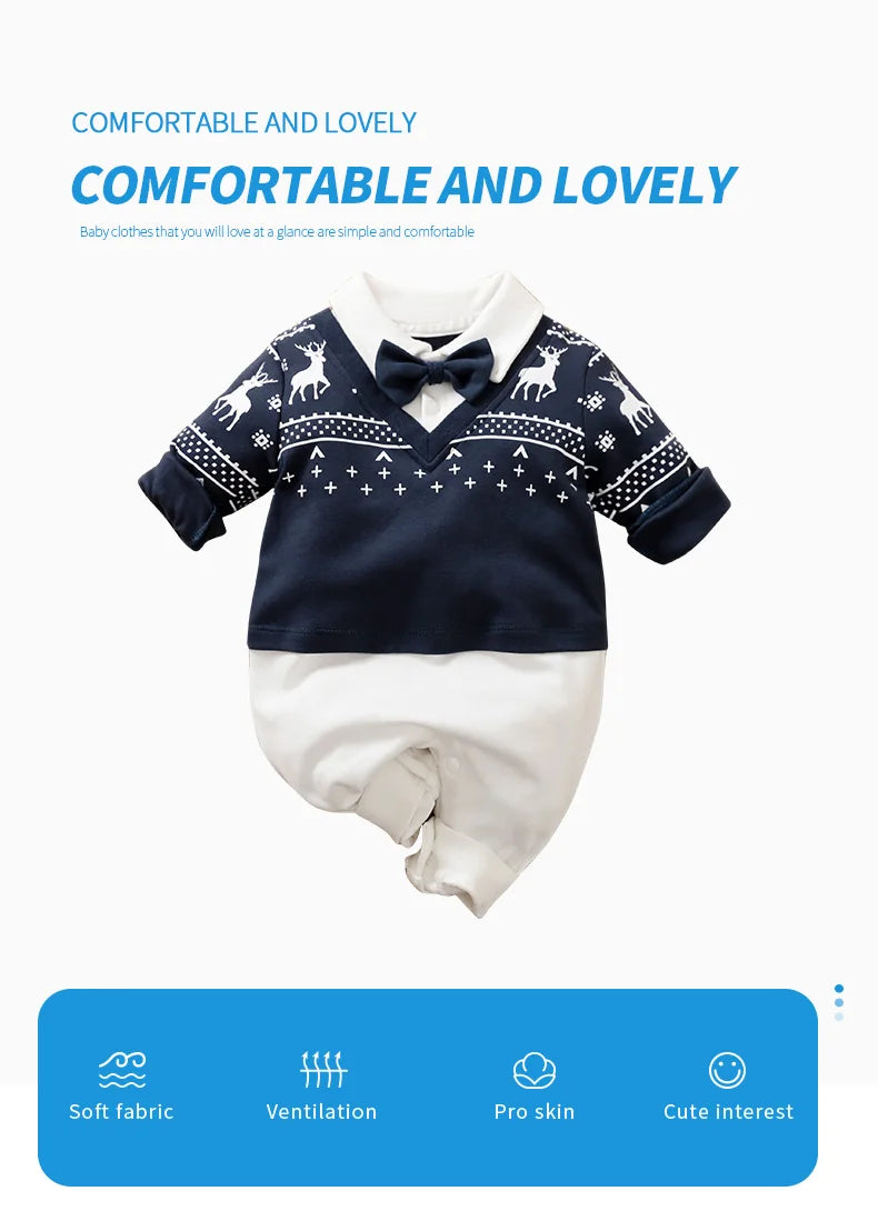 Newborn Gentleman Style Clothes Spring And Autumn Long Sleeved Pure Cotton Jumpsuit British Handsome Baby Boy Wedding Costume