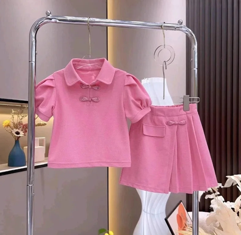 2026 summer child teenager Girls Clothes slim short sleeve rose red sweatshirt T-shirt and mini Pleated skirt 4 8 9 10 12 Year