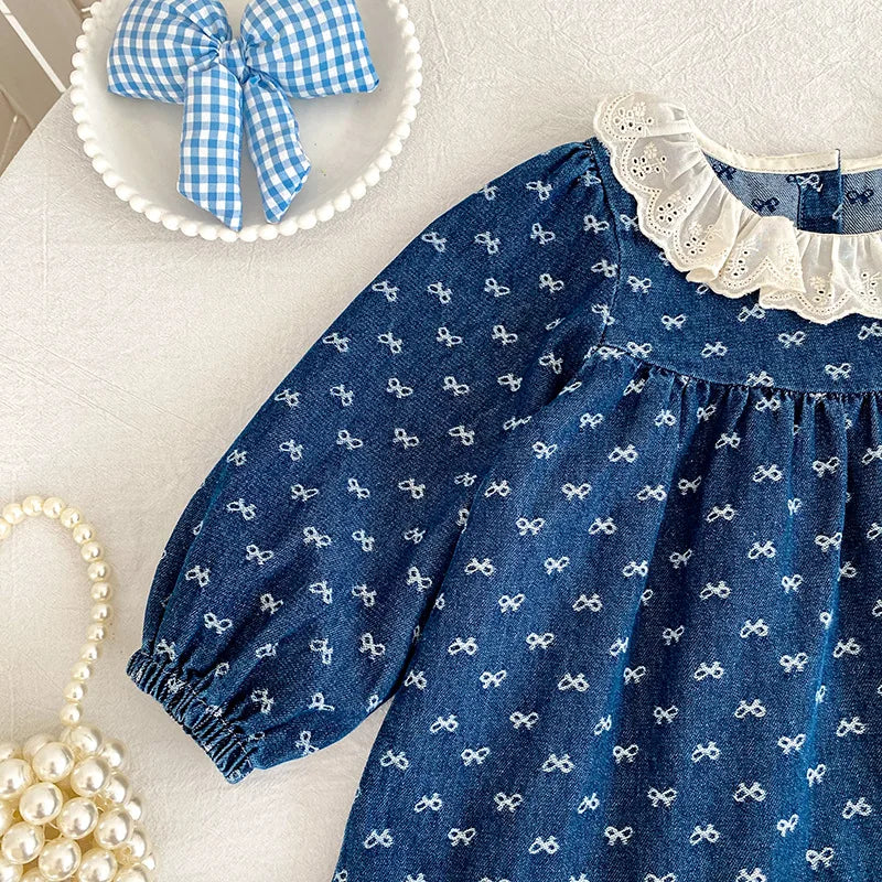 Toddler Sister Denim Bow Print 2-6Yrs Dress & 0-24M Baby Romper Ruffle Lace Collar Long Sleeve Infant Girls Sibling Clothes