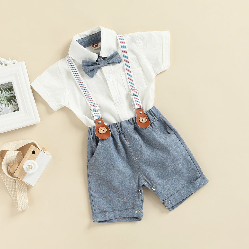 0-3Y Newborn Baby Boy Gentleman Outfits Short Sleeve Shirts Romper Overalls Shorts Infant Summer Boys Clothes Formal Suits 2Pcs