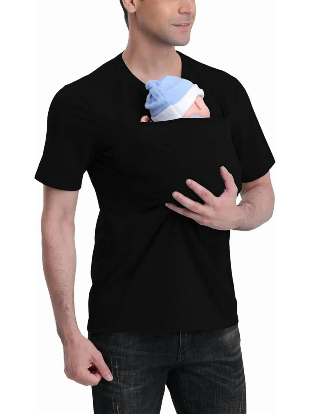 Parent-Child Interaction Kangaroo Shirt for Men, Short-Sleeved, with Baby Carrier Pocket, Dad Style Casual T-Shirt