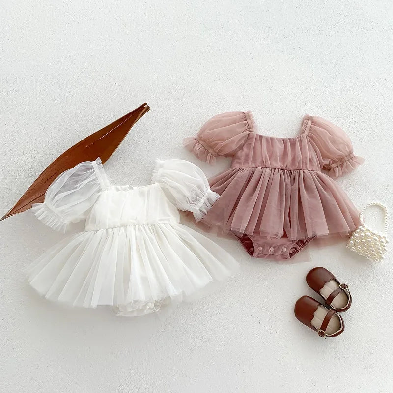 2026 Summer Baby Clothes 100 Day Baptism Birthday Party Sleeveless Jumpsuit Mesh Bow Romper Girl Princess Dress