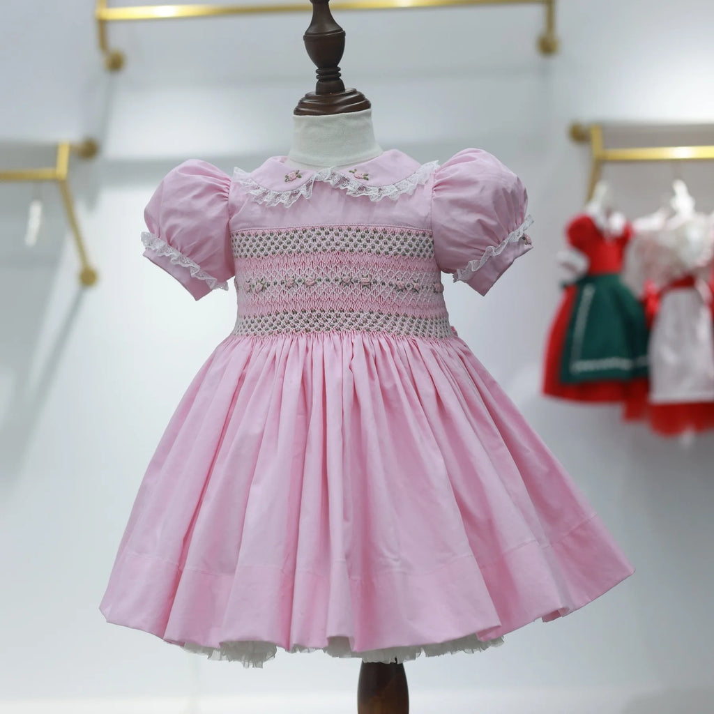 0-12Y Baby Girl Summer Pink Flower Handmade Embroidery Smocked Dress for Eid Birthday Party Holiday Photography Casual A150