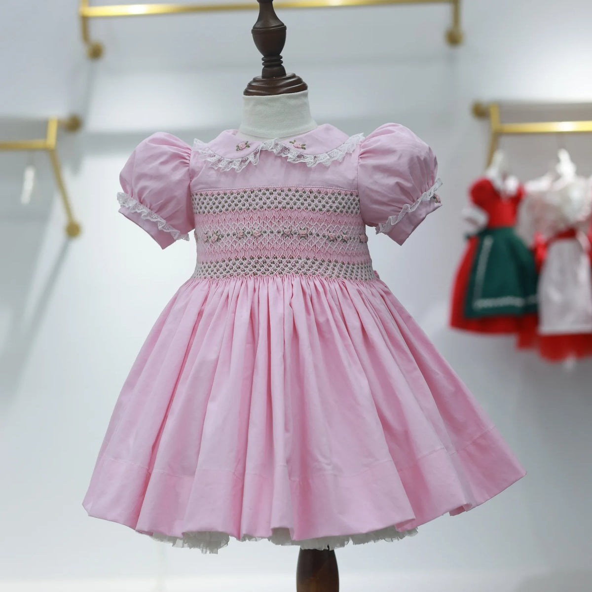 0-12Y Baby Girl Summer Pink Flower Handmade Embroidery Smocked Dress for Eid Birthday Party Holiday Photography Casual A150