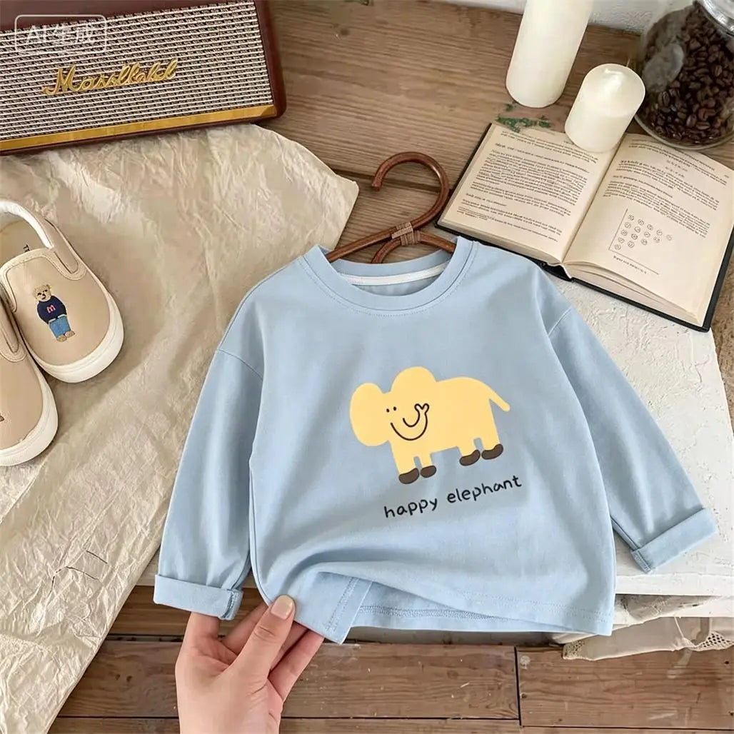 Round Neck Base Shirt 1-7Years Old Child Long-sleeved TShirt Spring Summer Crewneck T-shirt Simple Loose Pure Cotton Clothing