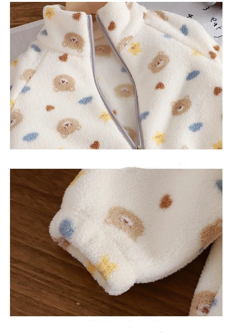 0-4 Years Old Toddler Suit Winter Flannel Home Outdoor Suit Children Pajamas Boy Girl Cartoon Thick Coral Velvet Two-Piece Set