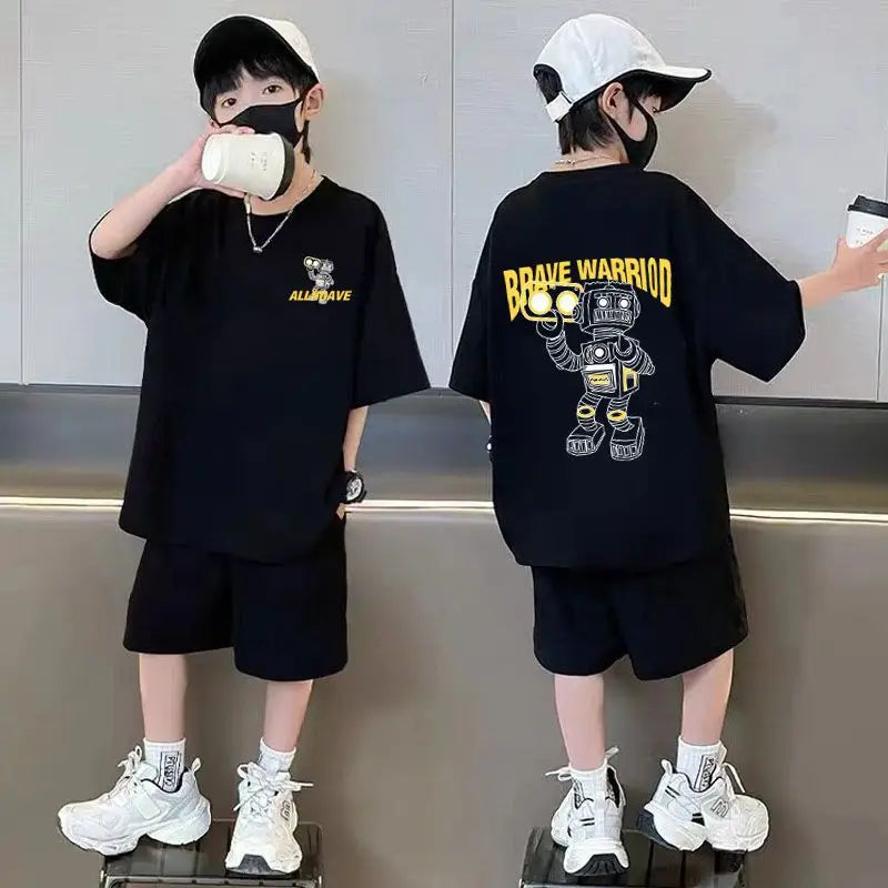 2026 summer Teens Boys Clothes set Outfit Kid robot fashion Tracksuit Child t-shirt top + solid shorts pant 4 7 8 10 12 14 Year