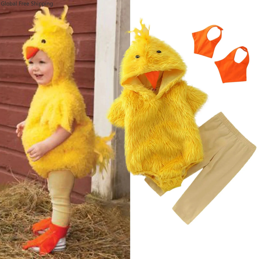 Halloween Christmas Party Baby Girl Boy Cosplay Chicken One-piece Clothes Cute Plush Short-sleeved Hooded One-piece Pants Set