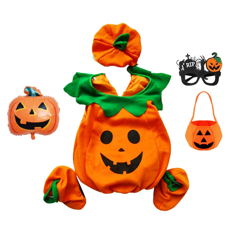 2026 Baby Girls Boys Children Jumpsuit Halloween Pumpkin Costume with Hat Cosplay Stage Performance Christmas Party Costume