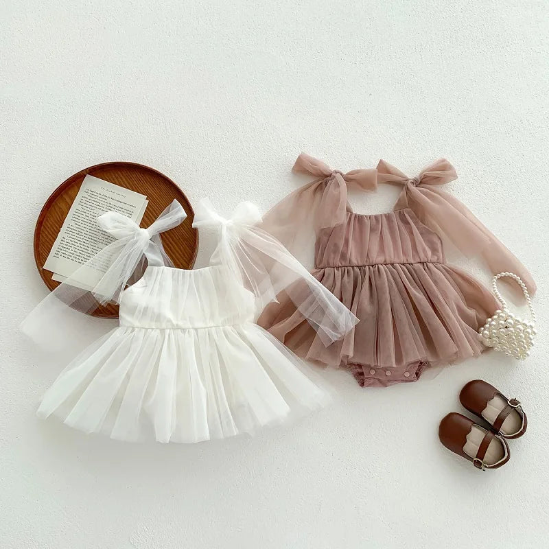 2026 Summer Baby Clothes 100 Day Baptism Birthday Party Sleeveless Jumpsuit Mesh Bow Romper Girl Princess Dress