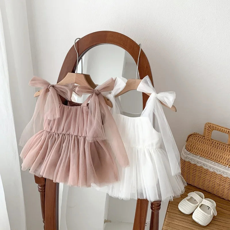 2026 Summer Baby Clothes 100 Day Baptism Birthday Party Sleeveless Jumpsuit Mesh Bow Romper Girl Princess Dress