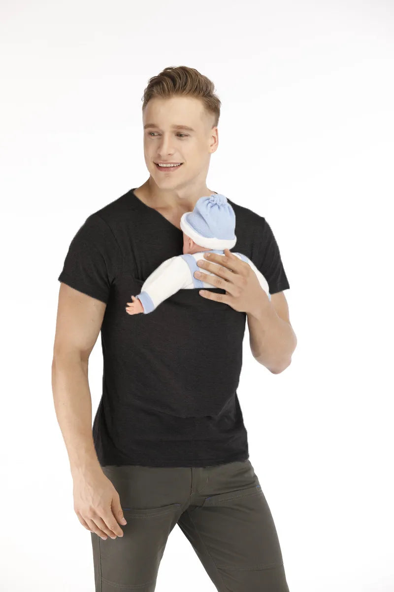Safety Kangaroo Pocket T Shirt Baby Carrier Pregnancy Clothes Summer Short Sleeve Mother Father Top for Feeding Big Nylon Cotton