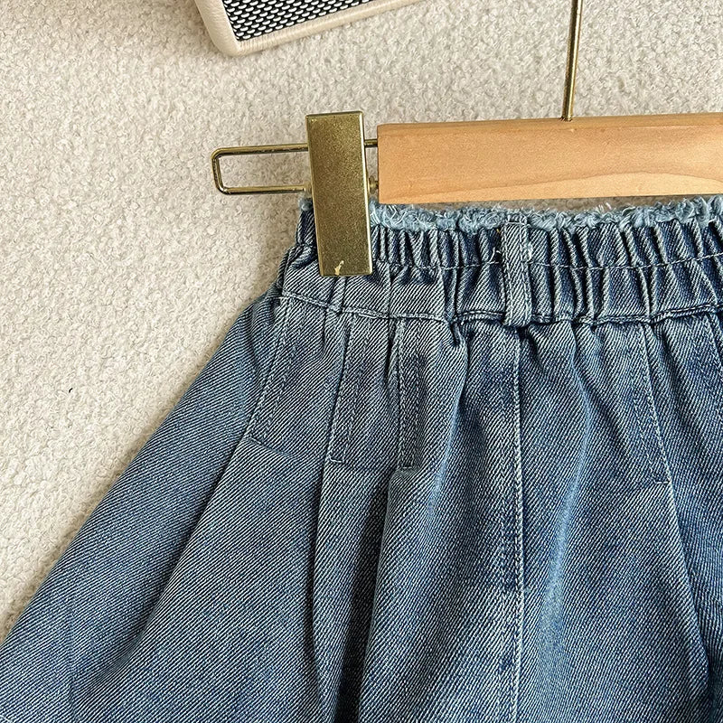 2-8 year old girl's denim set with retro lapel long sleeved denim jacket+pleated skirt cover girl's fashionable and trendy set