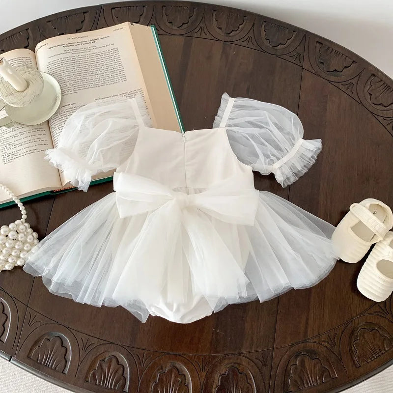 2026 Summer Baby Clothes 100 Day Baptism Birthday Party Sleeveless Jumpsuit Mesh Bow Romper Girl Princess Dress